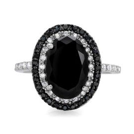 925 Sterling Silver Shiny Full Diamond Ring Oval Cut Black Onyx Marcasite White Cubic Zirconia Rings CZ Cocktail Rings Eternity Engagement Wedding Band Ring for women TZ.36 (US Code 7)