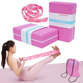 Yoga Blocks Set of 2 with 12 Loop Stretch Band and Carry Bag, Heavier High Density EVA Foam Yoga Blocks for Yoga, Pilates, Stretching, Flexibility Training, Ballet Warm Up, Dance and Home Workouts Set