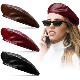 Cutecrop 3 Pcs Spring PU Leather Beret Hats for Women Black Red French Beret Hats Casual Beanie Artist Painter Winter Solid Color Accessories for Women
