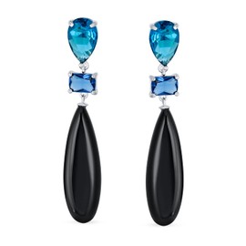 Unique Geometric Linear Black Onyx Elongated Flat Teardrop Rectangle Multi Shape Blue CZ & 3 Multi-Tier Natural Gemstone Party Dangling Earrings for Women in Silver Plated