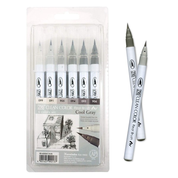 Kuretake ZIG Clean Color Real Brush Marker, Flexible Brush Tips, Watercolor Pens for Painting, Drawing, Calligraphy and Brush Lettering for Artists, Made in Japan (6 Cool Gray Colors set)