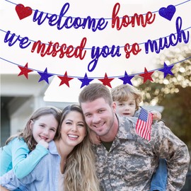 Gifloon Welcome Home We Missed You So Much Banner for Military Army Returning, Patriotic Homecoming Party Decorations, Red Blue