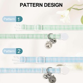 Lionet Paws 2pcs Pack Cotton Cat Collar,Breakaway Buckle with Green Blue Grid and Brand Pendant Cute Adjustable Cat Kitten Collar,Ideal for Girl Cats Boy Cats