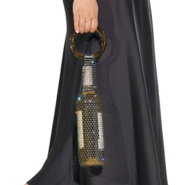 Munyee Hua Rhinestone Wine Bottle Holder Bag, Crystal Mesh Evening Purse with Ring Handle, Silver (Brown Handle Black Mesh)