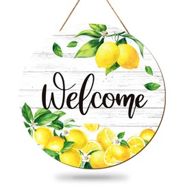 Whaline Lemon Welcome Door Sign Summer Lemon Wooden Hanging Sign Farmhouse Rustic Door Hanger Lemons Wall Decor for Summer Gift Home Office Shop Window Farmhouse Decor