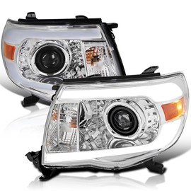 Spec-D Tuning Chrome Housing LED Tube Projector Headlights Compatible with 2005-2011 Toyota Tacoma, Left + Right Pair Headlamps Assembly