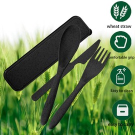 Reusable Utensils set with Case, 2 Sets Portable Wheat Straw Cutlery Set, BPA-Free and Eco-friendly Knife Spoon Fork, Travel Utensils for Office, Dorm, and On-the-go (Black)