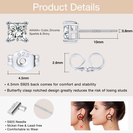 Jewlpire 925 Sterling Silver Stud Earrings for Women, Princess Cut Cubic Zirconia Earrings Studs, Silver Stud Earrings Women's Stud Earrings, Stud Earrings 7mm(1.2ct)