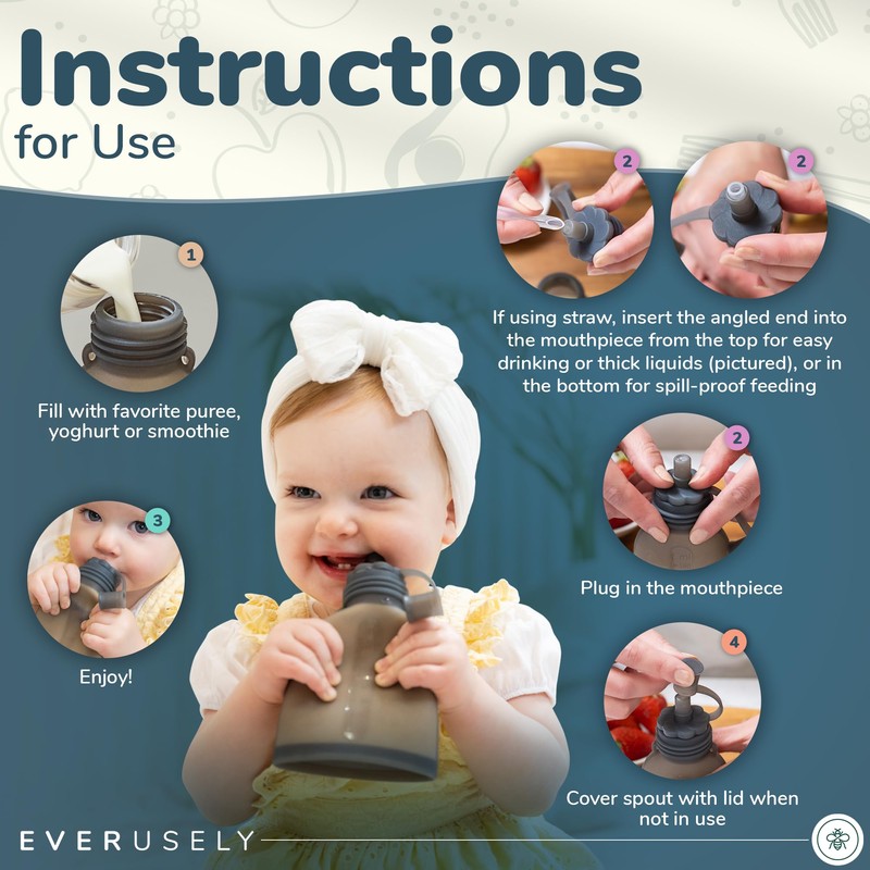 Everusely Leakproof Silicone Reusable Baby Food Pouches, BPA-Free, Dishwasher Safe,