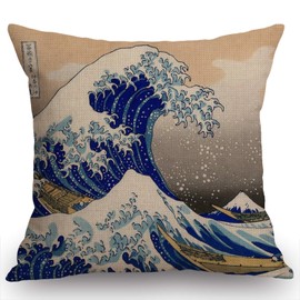 Swono Hokusai The Great Wave Throw Pillow Case Cushion Cover Cotton Linen 18x18 Inches for Sofa Couch