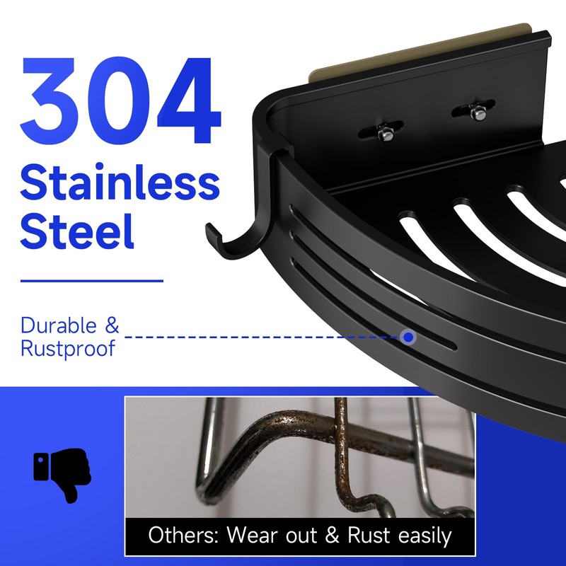 Adhesive Shower Caddy,2 Pack Black Rustproof 90° Bathroom Corner Shelf,Large