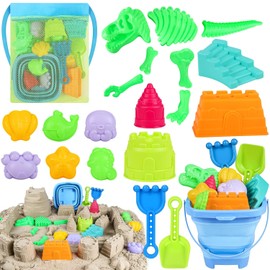 ERHAlCAT Beach Sand Toys, Dinosaur Fossil Molds, Sandbox Toys with Collapsible Bucket, Sand Castle Building Kit, Shovel, Rake and Mesh Bag, Outdoor Summer Travel Toys for Kids Ages 3-12