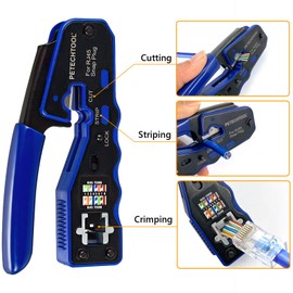 RJ45 Crimper Tool Pass Through Crimping Tool for RJ45 Cat6a Cat6 Cat5e Cat5 Comes with RJ45 Cat6 Connectors 23AWG End Plugs and 1 Piece Mini Wire Stripper