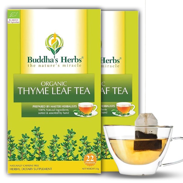 Buddha's Herbs Premium té orgánico de tomillo de hierba, 22 bolsas de té Paquete con 2