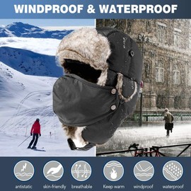 Fancet Unisex Waterproof Trapper Hat with Faux Fur Earflaps & Detachable Mask - Warm Winter Hat for Men and Women, Windproof Earflap Hat for Cold & Wet Weather (UK, Alpha, M, L, 69265_ArmyGreen)