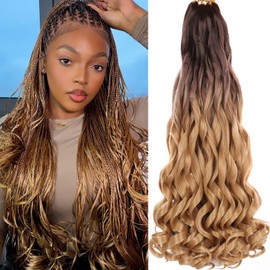 COOKOO French Curly Braiding Hair 22 Inch 9 Packs Pre Stretched French Curl Bouncy Braiding Hair Ombre Brown to blonde Loose Wavy Braiding Hair Synthetic Hair Extensions for Black Women OT4/27#