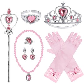 Doyime Princess Accessories (7 Piece Set) Toy Set, Costume Accessories, Necklace, Earring, Ring, Gloves, Magic Stick, Tiara, Bracelet, Heart Tiara, Girls, Transformation, Sparkle, Birthday, Gift,