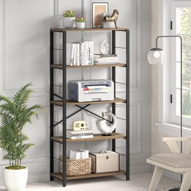 FOLUBAN 5 Tier Tall Bookshelf, Industrial Bookshelves and Bookcases, Modern Rustic Wood and Metal Book Shelf for Bedroom, Living Room and Home Office, Oak