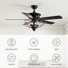 MOOONICHE 50" Crystal Ceiling Fan with Lights and Remote, Black Vintage Chandelier Fan Light with Wood Blades, Reversible Motor, 6-Speed, Timer, Retro Gothic Fandelier for Bedroom Living Room