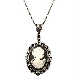 JEVLUH Lady Cameo Enamel Pendant with Silver Plated Chain,Oval Lady Maiden Cameo Necklace,Gothic Jewelry for Women