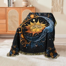 Shesyuki Boho Throw Blanket Reversible Cotton Bohemian Tapestry Hippie Room Decor Outdoor Blanket Double Sided (Black Sun Moon 50"x60")