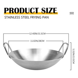 LNQ LUNIQI Stainless Steel Wok Round Bottom Chinese Wok with Double Handle Practical Wok Kitchen Utensil Woks for Home Restaurant Kitchen (28cm/11 Inch)