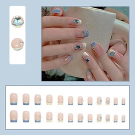 DOUBNINE Press On False Nails Medium Coffin Square Rhinestone Star Fake Nails Ocean Blue French Tip Ballerina Gradient Acrylic Full Cover Bling Summer False Nails for Women
