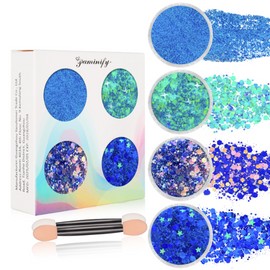 Paminify 4 Jars Blue Face Glitter,Mermaid Costume for Kids,Sparkle Body Hair Glitter Face Paint,Singer Concert Rave Festival Glitter Accessories,40g/1.41 oz