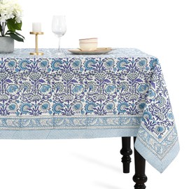 CPC Tablecloth 100% Cotton 60x90 Inch Indian Block Print Rectangle Table Cover, Washable Table Cloth for Weddings, Spring/Summer, Barbeque - Indigo Blue