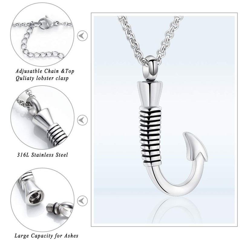 Hearbeingt Fish Hook Cremation Jewelry for Ashes, Memorial Urn Necklace