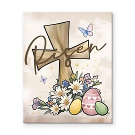 Easter Canvas Wall Art, Cross with Easter Eggs Pictures Print, Spring Religious Wall Artwork, Risen Cross and Floral Print Decor, Vintage Framed Oil Painting for Home or Nursery 20x24inch