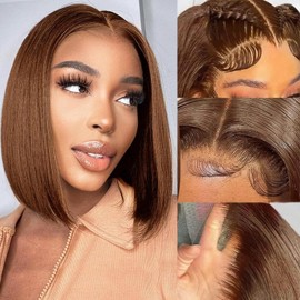 Wig for Women Natural Brazilian 13x4 Lace Front Bob Wig Human Hair Straight Wig Lace Brown 4# Natural Color 150% Density (14 Inch)