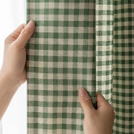 Green Farmhouse Paid Curtain 96 inch Length 2 Panels Cotton Linen Blend Gingham Curtain Panels for Living Room Bedroom Half Light Blocking Rod Pocket Drapes, Each W52 X L96 Inch