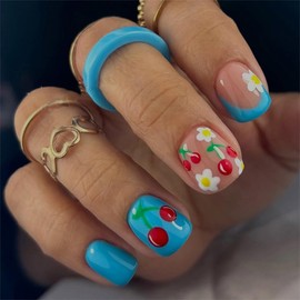 Cherry Press on Nails Short Square Fake Nails Flower False Nails Floral Glossy Full Cover Acrylic Nails Blue Glue on Nails Artificial Cute Stick on Nails Summer Nails for Women Manicure 24Pcs