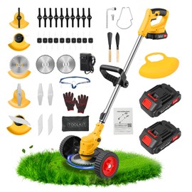 24V Electric Weed Wacker Cordless Grass Trimmer with 2x2000mAh Batteries & Fast Charger, 3 in 1 Stringless Lightweight Brush Cutter/Edger/Mower with 5 Types Blade & Wheels for Garden and Yard Lawn