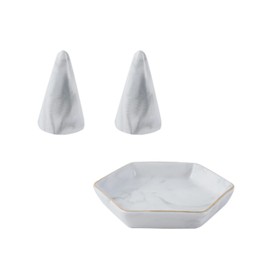 EZ PEACH Marble Ring Holder and Ring Dish for Nightstand Ceramic Cone Tower Shape Decorative Display Stand for Jewelry Ring/Wedding Ring 3pcs set (Grey)