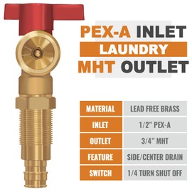SUNGATOR Washing Machine Outlet Box, Pex A Expansion Laundry Washer Box with Center Drain, 1/2 Inch Pex-A Inlet x 3/4 Inch MHT Outlet, Washer Water Valve Recessed Box with 4 Expansion Rings
