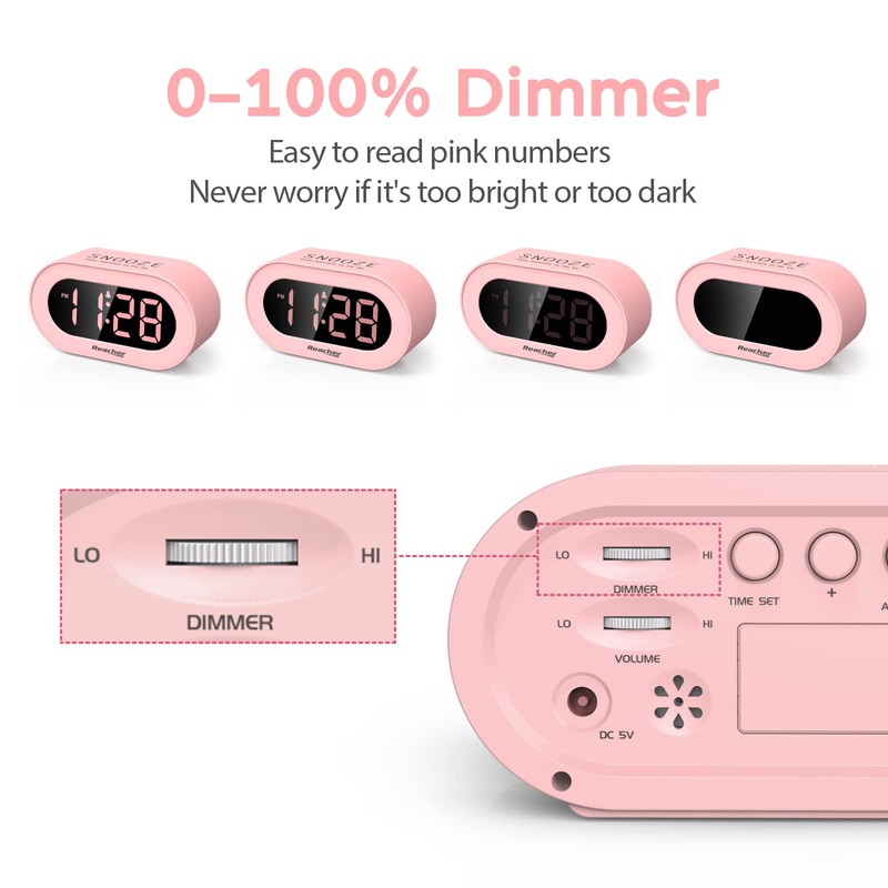 REACHER Pink Girls Alarm Clock for Kids Bedroom, Dimmable LED