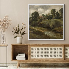 SIGNFORD Framed Canvas Print Wall Art Vintage Classic Countryside Landscape Rolling Hills and Rustic Nature Wilderness Illustrations Rustic Colorful for Living Room, Bedroom, Office - 24"x24" White