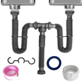 Flexible Expandable Double P-Trap Kit for 1 1/2" or 1 1/4" Double Bowl Sink Drain, Tube Pipes Kit Fit for Kitchen, Bathroom, Complete with Sealing Ring, Tape, and Tubing