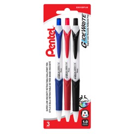 Pentel GlideWrite Retractable Ballpoint Pen, Ultra Smooth Everyday Writing, Office Supplies, School Supplies, 1.0mm Bold Point, Black, Red, Blue Ink, BX910BP3-M, 3 Pack