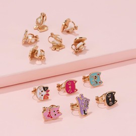 6 Pairs Cute Dinosaur Cat Clip on Earrings for Women Funny Enamel Animals Harajuku Non Piercing Fake Stud Earrings Set -Cat