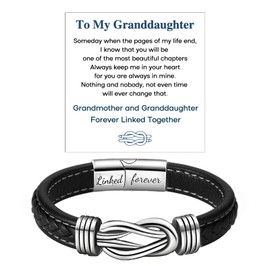 Grandmother and Granddaughter Forever Linked Together Braided Leather Bracelet, Infinity Knot Bracelets for Women To My Granddaughter Stainless Steel Engraved Leather Bracelet Jewelry for Birthday Christmas（Black 19cm）