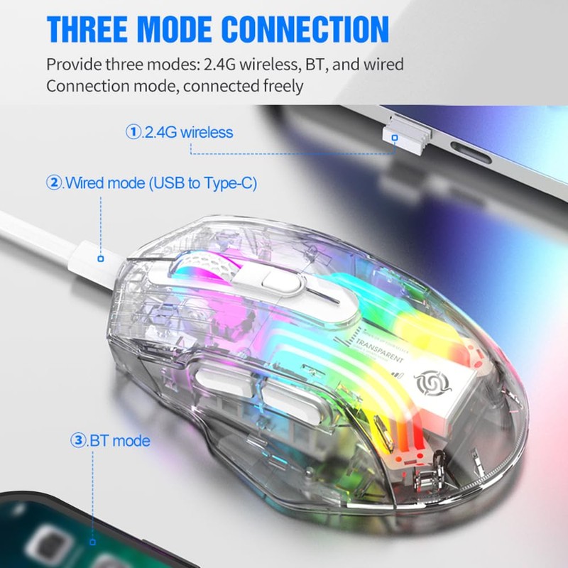 Docooler Wireless Gaming Mouse, Transparent Crystal Shell, 3 Modes (USB