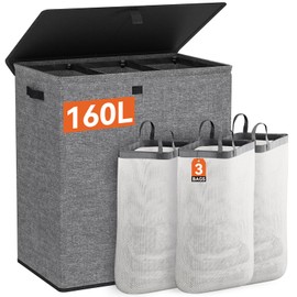 WOWLIVE Laundry Hamper with Lid,160L Large Laundry Basket 3 Section with Removable Washing Bags,Collapsible Waterproof Dirty Clothes Hamper for Laundry Room Bathroom Dorm,Gray