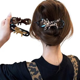 NJCXOLA Pack of 3 Flat Hair Clips for Women, Twisted Clip, Women's Matte Large Hair Clip for Thin and Thick Hair, Curved Design for Lying Down Leopard Print - Cat