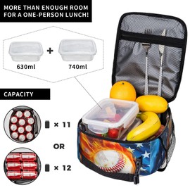 Qdoepfl Baseball American Flag Lunch Bag for Boys Girls Kids, Insulated Portable Reusable Lunch Box Tote Kit Waterproof Cooler Bag for School Picnic Office Travel Working