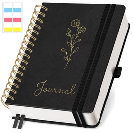 EMSHOI Spiral Notebook College Ruled, A5 Small 300 Numbered Pages,100GSM Thick Paper, Hardcover Leather Lined Journal for Women Men Work School Writing, 5.7" x 8.22", Black