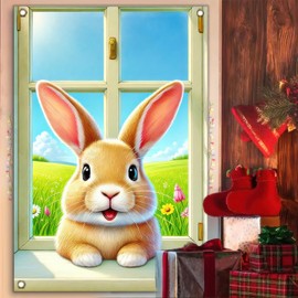 BlissYard Easter Banner Bunny Curtain Window Cover Cute Bunny Banner Easter Decoration Backdrop for Indoor Outdoor Spring Home Window Decor 31 x 47 Inch