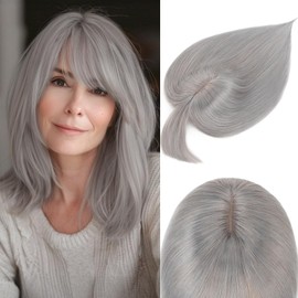 Rich Choices 100% Real Human Hair Topper with Bangs - Real Remy Hair Topper for Women Thinning on Top, 5.1x2.7 Inch Clip In Silk Base Hair Piece 6 Inch G1 Silve